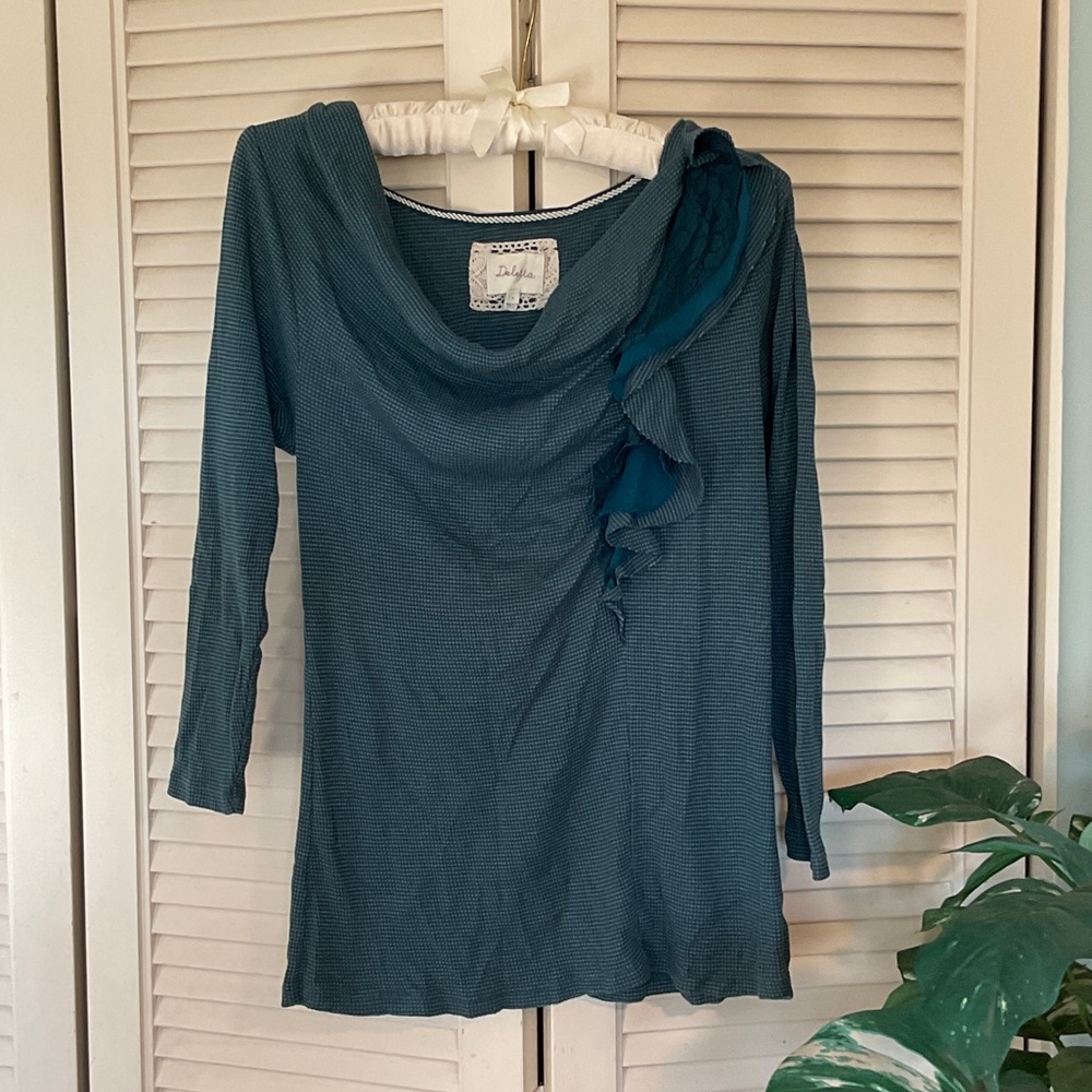 Anthropologie Deletta Blue Knit Top with Ruffle & Lace Detail